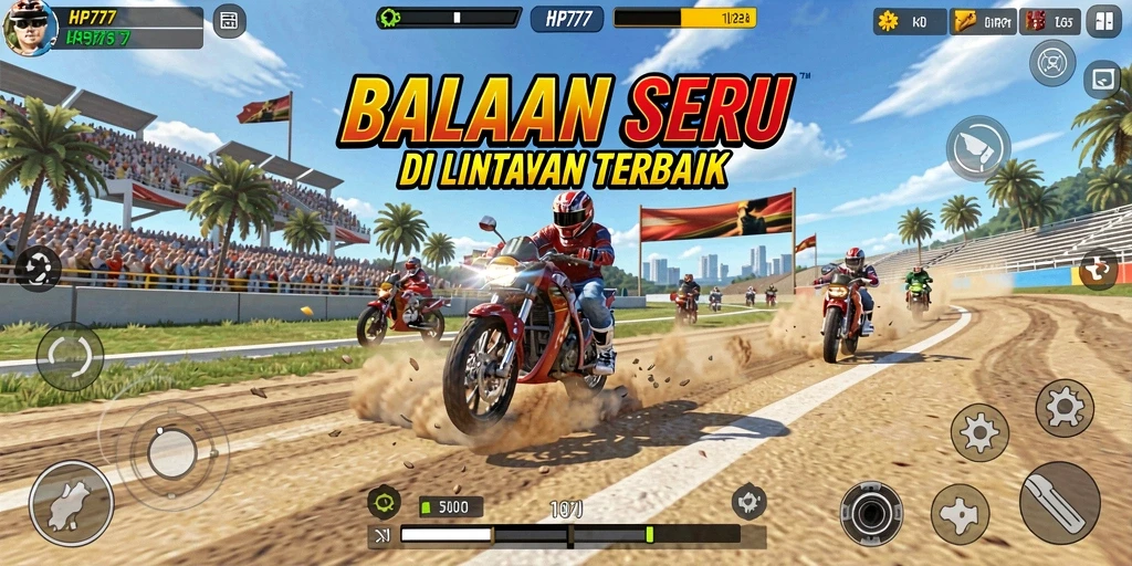 Gameplay HP777 yang mendebarkan saat balapan di lintasan.