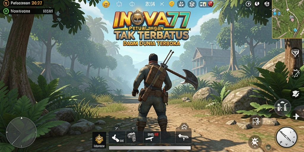 Screenshot gameplay INOVA77 menunjukkan dunia terbuka yang luas dan dinamis.