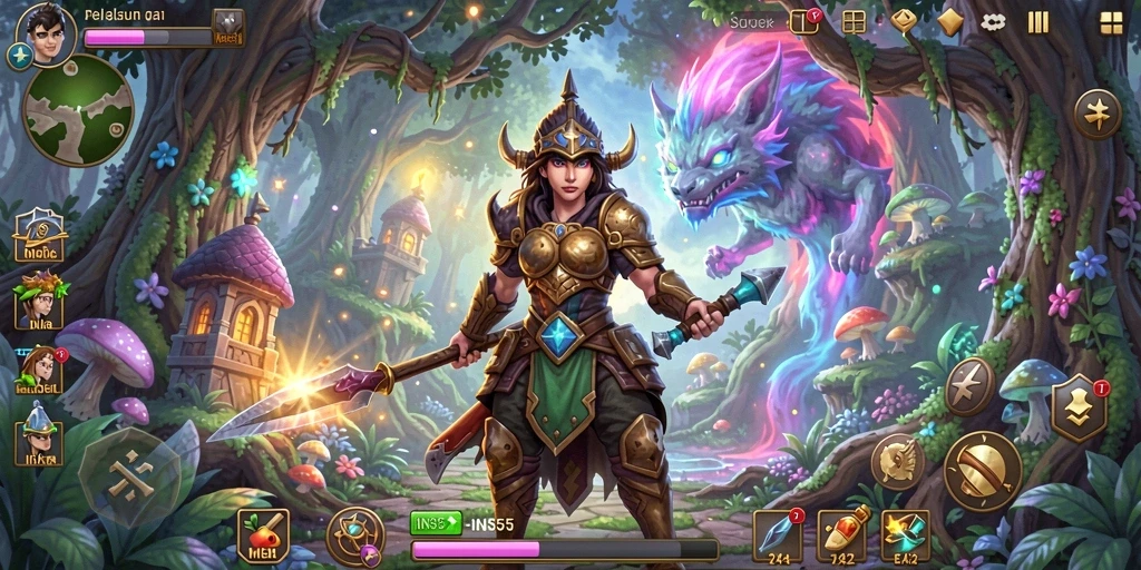 Screenshot menunjukkan karakter yang berpetualang di dunia fantasi.