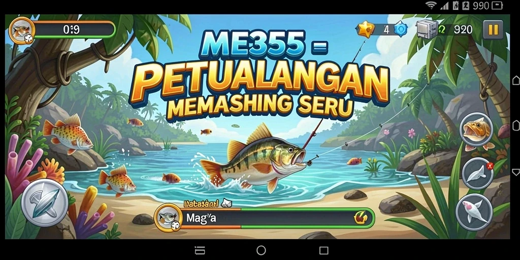 Tampilan utama gameplay ME355 yang menunjukkan aksi memancing yang mendebarkan.