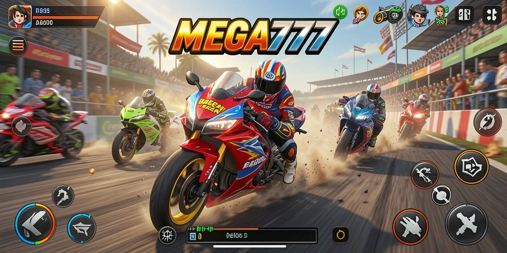 Screenshot MEGA777 menampilkan aksi balapan motor yang intens.