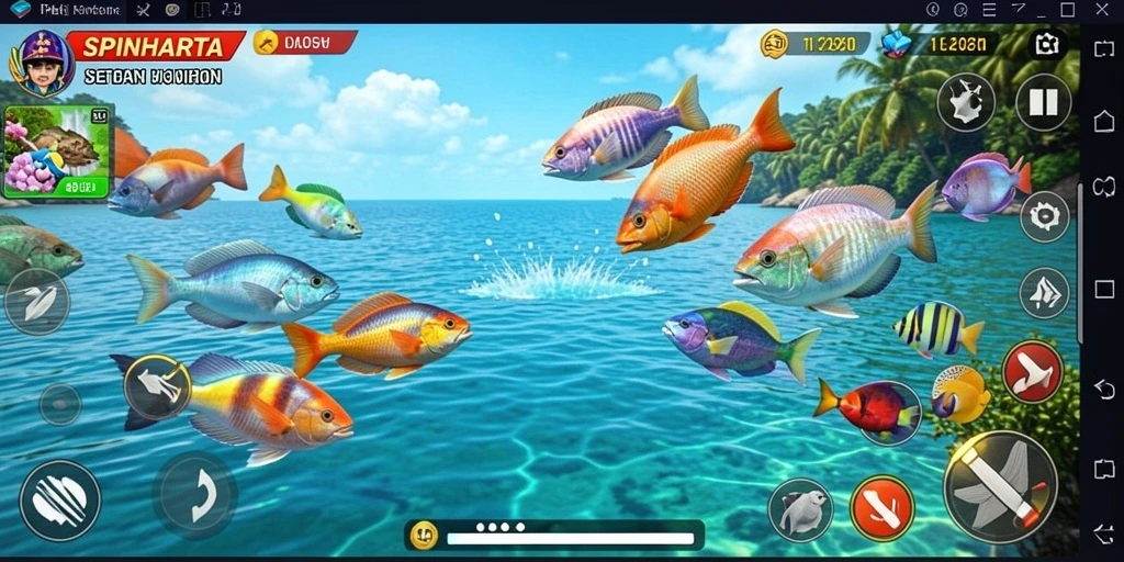 Tampilan gameplay seru SPINHARTA saat menembak ikan.