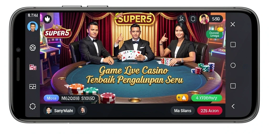 Screenshot gameplay SUPER5 menampilkan dealer langsung dan suasana kasino yang mendebarkan.