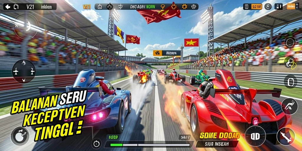 Gameplay seru V21 dengan mobil balap yang cepat.