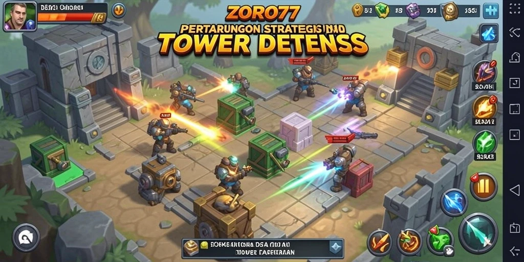 Tampilan seru dari gameplay ZORO77 dalam pertarungan Tower Defense.